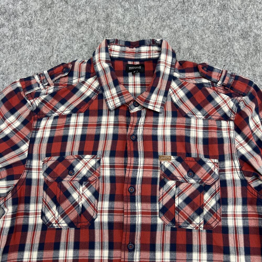 Buffalo David Bitton Shirt Mens M Red Plaid Short Sleeve Military Epaulette